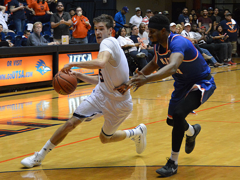 UTSA guard Giovanni De Nicolao drives against Sam Houston State at the UTSA Convocation Center on Thursday, March 22, 2018 in the quarterfinals of the CollegeInsider.com tournament.