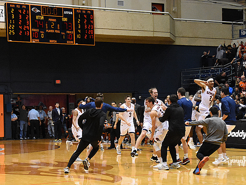 UTSA players celebrate after time runs out in the Roadrunners' come-from-behind 74-73 victory over Old Dominion on Saturday at the UTSA Convocation Center. - photo by Joe Alexander