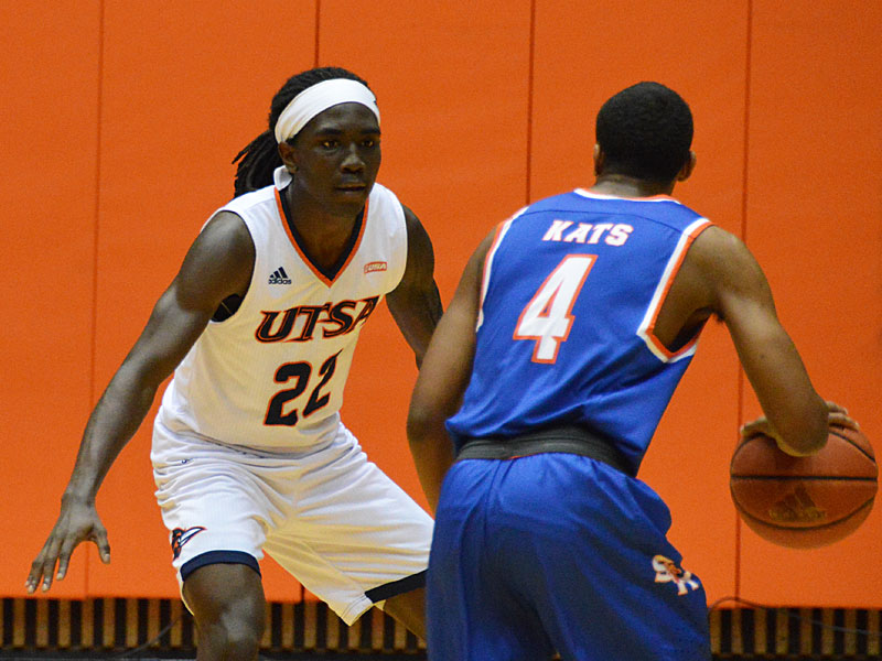 UTSA guard Keaton Wallace plays defense against Sam Houston State's Dajuan Jones at the UTSA Convocation Center on Thursday, March 22, 2018 in the quarterfinals of the CollegeInsider.com tournament.