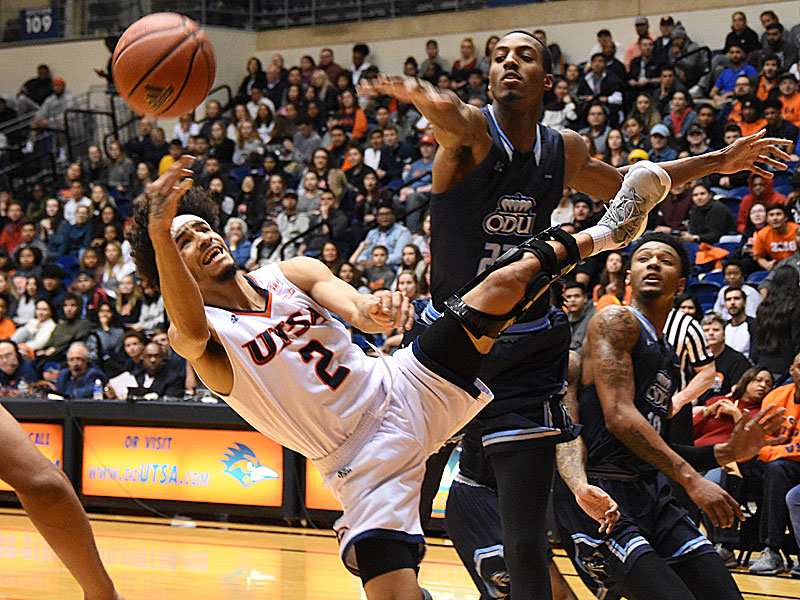 UTSA guard Jhivvan Jackson is fouled as he goes through the lane against Old Dominion on Thursday night at the UTSA Convocation Center. - photo by Joe Alexander