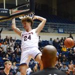 UTSA freshman Jacob Germany throws down a dunk on Wednesday, Oct. 30. 2019 at the UTSA Convocation Center. The Roadrunners beat Texas A&M International 89-60 in an exhibition game. - photo by Joe Alexander