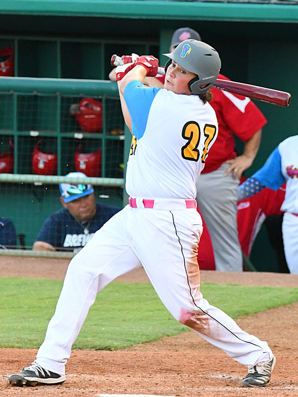 Flying Chanclas first baseman Ryan Flores from University of the Incarnate Word hitting his first double of the game against the Cane Cutters on Saturday, July 4, 2020, at Wolff Stadium. - photo by Joe Alexander