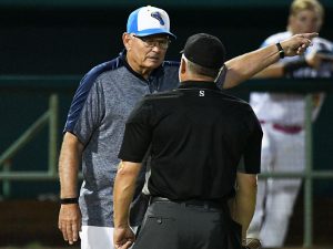 Flying Chanclas manager John McLaren discusses a call with the home play umpire late in the game Sunday night at Wolff Stadium. - photo by Joe Alexander