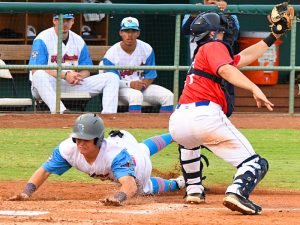 The Flying Chanclas' Grant Smith scores the second run of the game on a double by Jalen Battles in the fourth inning against the Amarillo Sod Squad on Wednesday at Wolff Stadium. - photo by Joe Alexander