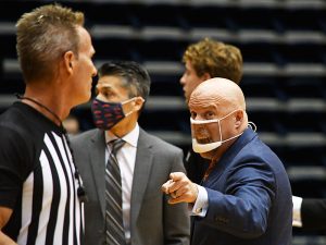 UTSA coach Steve Henson talks to an official after a foul called on the Roadrunners in the final minutes of their 77-69 victory over North Texas on Saturday, Jan. 9, 2021 at the Convocation Center. - photo by Joe Alexander