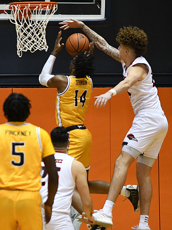 Jacob Germany blocked five shots on Friday as UTSA beat Southern Miss 70-64 in Conference USA action at the Convocation Center on Friday, Jan. 22, 2021. - photo by Joe Alexander