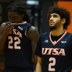 Keaton Wallace, Jhivvan Jackson. UTSA beat UAB 96-79 in Conference USA on the Roadrunners' senior day for Jhivvan Jackson, Keaton Wallace and Phoenix Ford on Feb. 27, 2021, at the Convocation Center. - photo by Joe Alexander