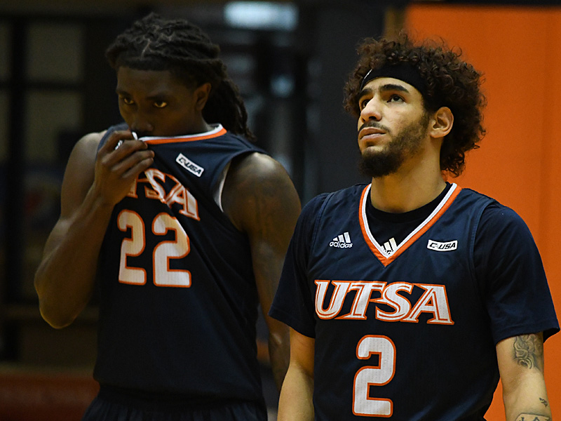 Keaton Wallace, Jhivvan Jackson. UTSA beat UAB 96-79 in Conference USA on the Roadrunners' senior day for Jhivvan Jackson, Keaton Wallace and Phoenix Ford on Feb. 27, 2021, at the Convocation Center. - photo by Joe Alexander