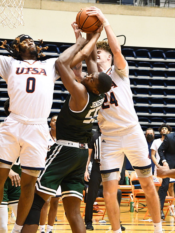 Cedrick Alley Jr., Jacob Germany. UAB beat UTSA 64-57 on Friday, Feb. 26, 2021, in Conference USA action at the UTSA Convocation Center. - photo by Joe Alexander