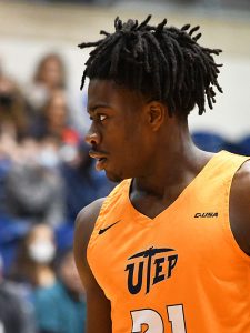 Ze’Rik Onyema from San Antonio and Jay High School had four points and two rebounds off the bench for UTEP on Sunday, Jan. 23, 2022, at UTSA. The Miners beat UTSA 59-54 at the Convocation Center. - photo by Joe Alexander