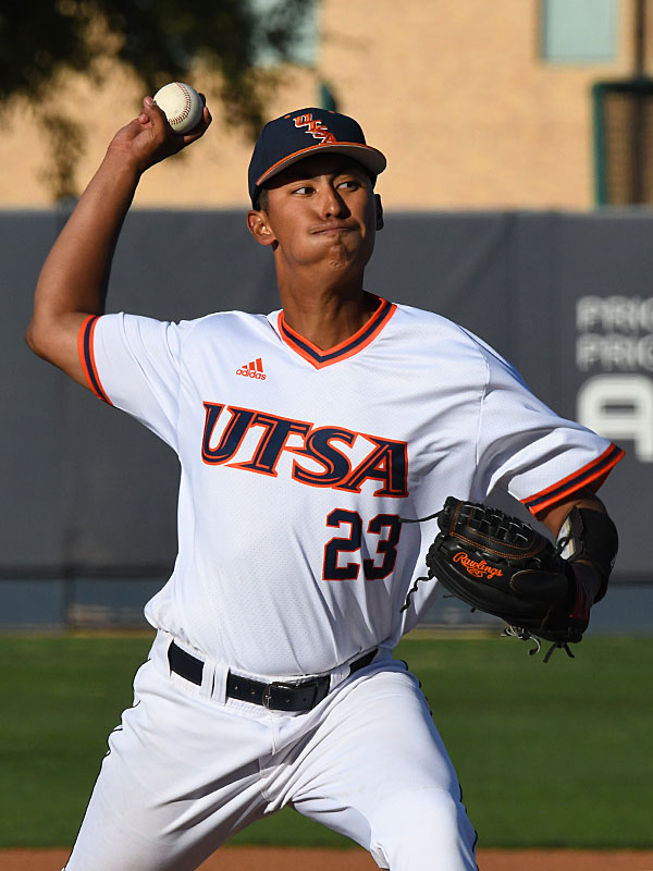 UTSA's Daniel Garza, shown pitching earlier this season at Roadrunner Field, went five innings and got the win against Southern Miss on May 13. - file photo