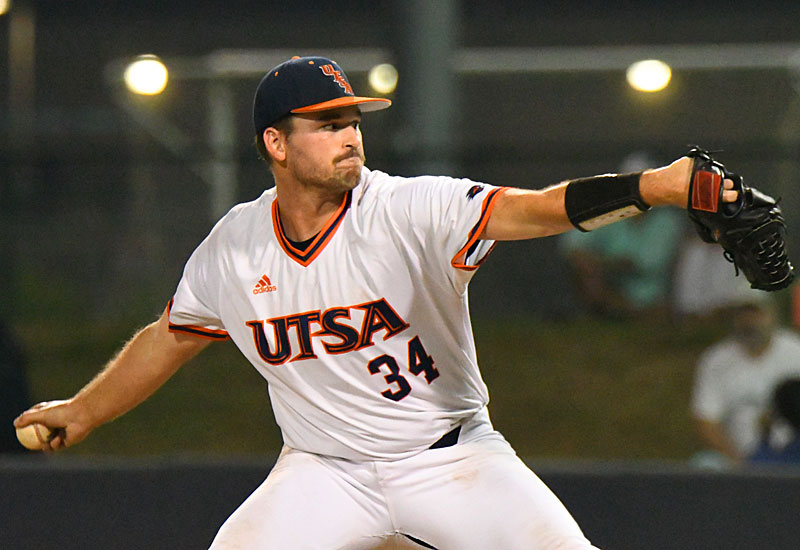 UTSA's Luke Malone entered the game with two outs in the seventh and finished the game without allowing a run to get the win against UAB on Friday, May 20, 2022, at Roadrunner Field. Malone (8-3) struck out six batters, didn't walk any and gave up two hits. - photo by Joe Alexander