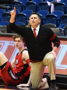 UIW coach Carson Cunningham gives directions late in the game as UIW beat Grambling State 63-61 in men's basketball on Sunday, Nov. 27, 2022, at the UTSA Convocation Center. - Photo by Joe Alexander
