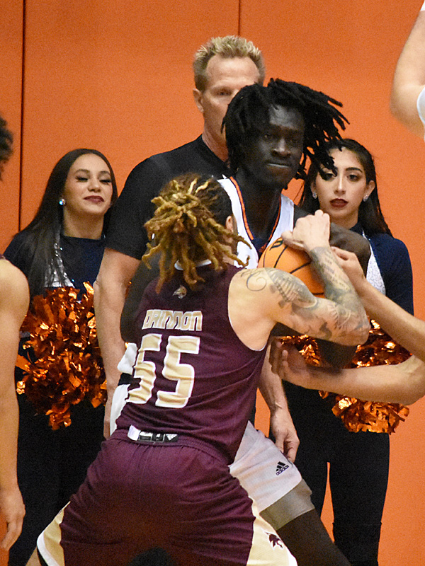 Aleu Aleu is fouled after grabbing a defensive rebound in the final moments of the game. He finished with nine rebounds. UTSA beat Texas State 61-56 in men's basketball on Thursday, Nov. 17, 2022, at the Convocation Center. - photo by Joe Alexander