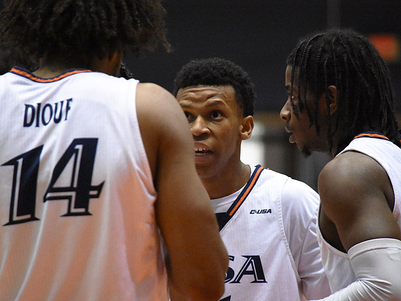 Massal Diouf, Japhet Medor and John Buggs III. UTSA lost to UAB 83-78 in Conference USA men's basketball on Saturday, Feb. 18, 2023, at the Convocation Center. - Photo by Joe Alexander
