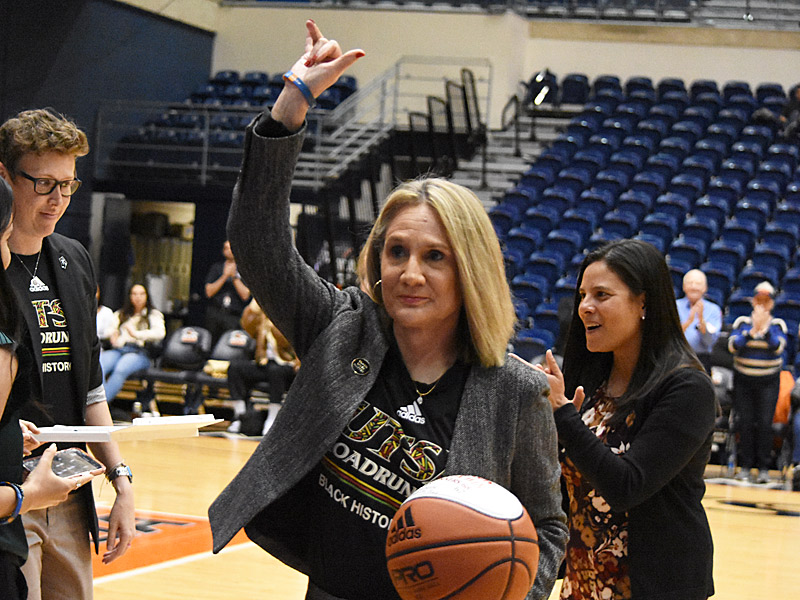 UTSA coach Karen Aston honored for 300 wins. UTSA beat Florida Atlantic 77-61 in Conference USA women's basketball on Thursday, Feb. 23, 2023, at the Convocation Center. - Photo by Joe Alexander