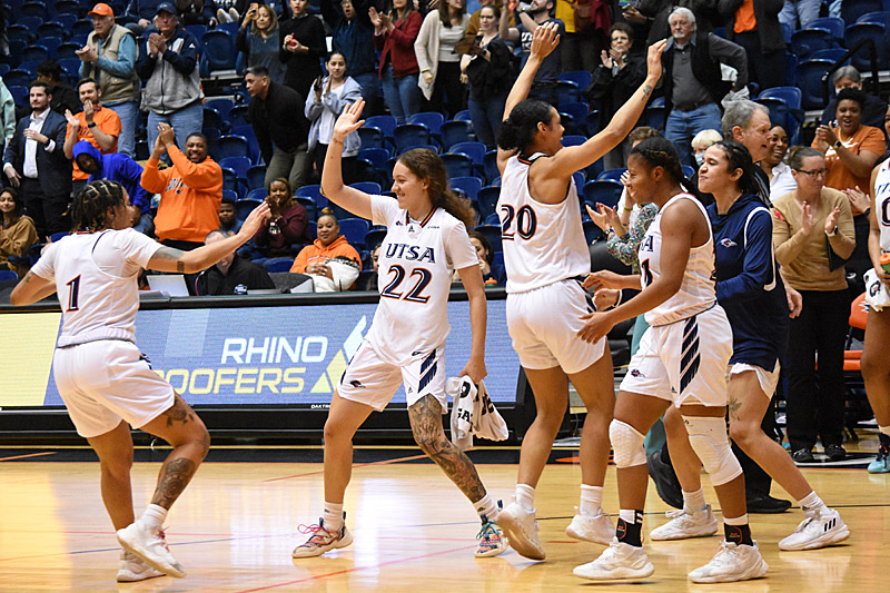 UTSA celebrates after beating Rice 66-53 in Conference USA women's basketball on Thursday, Feb. 16, 2023, at the Convocation Center. - Photo by Joe Alexander