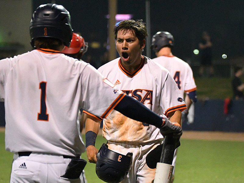 UTSA's Antonio Valdez celebrates after scoring the go-ahead run on a double-steal in the bottom of the eighth inning of a 2-1 victory over Incarnate Word at Roadrunner Field on Wednesday, March 1, 2023. - Photo by Joe Alexander