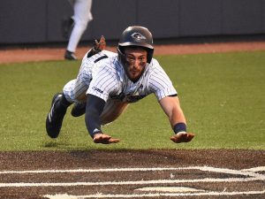 Caleb Hill scores in the seventh inning on a hit by Matt King. UTSA scored four runs in the seventh inning to rally past Rice 9-7 in Conference USA baseball on Friday, May 5, 2023, at Roadrunner Field. - Photo by Joe Alexander