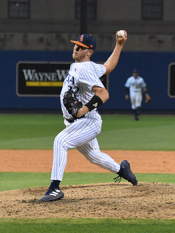 UTSA reliever Simon Miller pitched scoreless eighth and ninth innings. UTSA scored four runs in the seventh inning to rally past Rice 9-7 in Conference USA baseball on Friday, May 5, 2023, at Roadrunner Field. - Photo by Joe Alexander