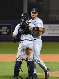 UTSA reliever Simon Miller and catcher Josh Killeen celebrate after the final out. UTSA scored four runs in the seventh inning to rally past Rice 9-7 in Conference USA baseball on Friday, May 5, 2023, at Roadrunner Field. - Photo by Joe Alexander