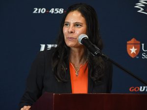 UTSA Athletic Director Lisa Campos at the grand opening celebration of the UTSA Park West Fieldhouse facility in front of the school's soccer and track and field stadiums. - Photo by Joe Alexander