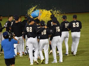 Ethan Salas gets doused by his teammates after his walkoff double in the 10th inning of his San Antonio Missions debut on Tuesday, Aug. 22, 2023, at Wolff Stadium. - Photo by Joe Alexander