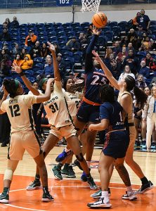 UTSA's Idara Udo grabs an offensive rebound and goes back up to score the winning basket with one second left in the second overtime. UTSA beat Charlotte 81-80 in American Athletic Conference women's basketball on Sunday, Jan. 14, 2024, at the Convocation Center. - Photo by Joe Alexander