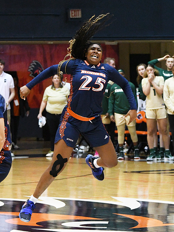 UTSA's Idara Udo celebrates after time runs out in the Roadrunners' double-overtime victory. She made the winning basket as UTSA beat Charlotte 81-80 in American Athletic Conference women's basketball on Sunday, Jan. 14, 2023, at the Convocation Center. - Photo by Joe Alexander