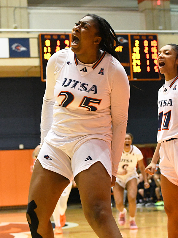 Idara Udo made a basket and was fouled 3:36 left in OT put UTSA up 60-59 and gave the Roadrunners the lead for good. UTSA beat North Texas 75-67 in overtime in American Conference women's basketball on Wednesday, Jan. 31, 2024, at the Convocation Center. - Photo by Joe Alexander