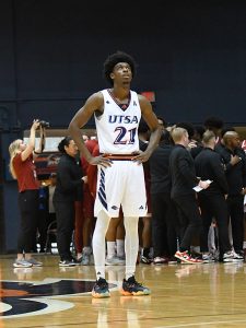 UTSA's PJ Carter watches the replay of the final shot of the game. Temple beat UTSA 84-82 in the Roadrunners' final home game of the men's basketball season on Sunday, March 10, 2024 at the Convocation Center. - Photo by Joe Alexander