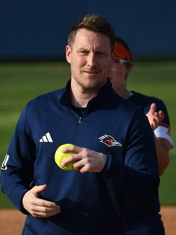 New UTSA men's basketball coach Austin Claunch was at the Roadrunners softball game on Tuesday, April 9, 2024, at Roadrunner Field to throw out the first pitch. - Photo by Joe Alexander