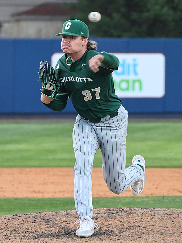 Charlotte pitcher Cole Reynolds. Charlotte beat UTSA 10-5 in American Athletic Conference baseball on Friday, April 5, 2024, at Roadrunner Field. - Photo by Joe Alexander