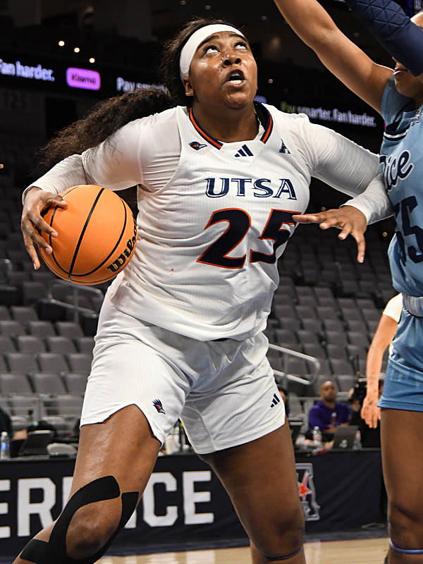 Idara Udo. Top-seeded UTSA lost to ninth-seeded Rice 62-58 in the quarterfinals of the American Athletic Conference women's basketball tournament at Dickies Arena in Fort Worth on Monday, March 10, 2025. - Photo by Joe Alexander