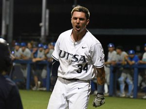 Caden Miller scores in the bottom of the eighth inning to give UTSA a two-run lead. UTSA beat A&M-Corpus Christi 3-1 on Tuesday, March 24, 2026, in non-conference baseball at Roadrunner Field. - Photo by Joe Alexander