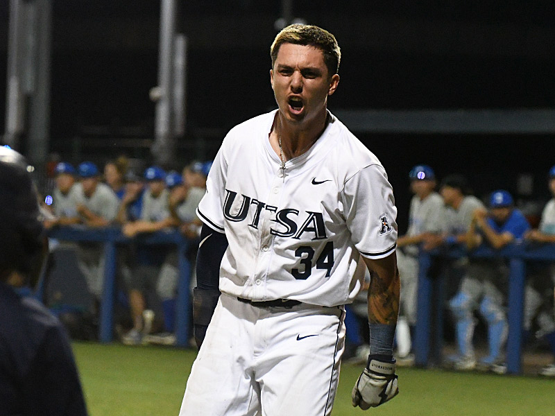 Caden Miller scores in the bottom of the eighth inning to give UTSA a two-run lead. UTSA beat A&M-Corpus Christi 3-1 on Tuesday, March 24, 2026, in non-conference baseball at Roadrunner Field. - Photo by Joe Alexander