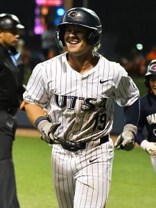 Lane Haworth celebrates his home run as he heads back to the dugout. UTSA beat Charlotte 11-5 in American Conference baseball on Friday, April 27, 2026, at Roadrunner Field. - Photo by Joe Alexander