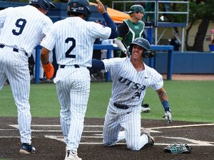 Caden Miller scores on Drew Detlefsen's three-run double in the bottom of the second inning. UTSA beat South Florida 11-3 in American Conference baseball on Friday, April 10, 2026, at Roadrunner Field. - Photo by Joe Alexander